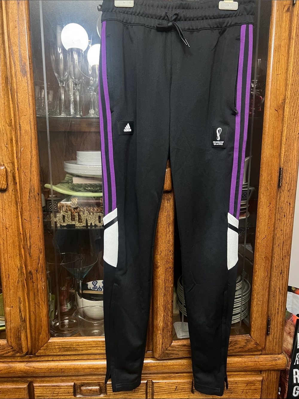 Adidas FIFA World Cup Qatar Black Joggers with Purple Stripe Accents